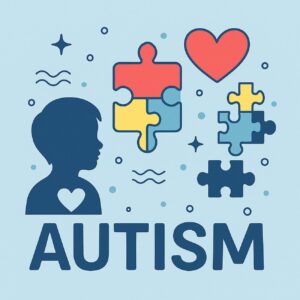 Ilustração digital em estilo flat representando a conscientização sobre o autismo: um grupo diverso de pessoas, incluindo uma criança com fones de ouvido, adultos e profissionais de saúde, interagindo em um ambiente acolhedor com peças de quebra-cabeça coloridas ao fundo, simbolizando a diversidade dentro do espectro autista.